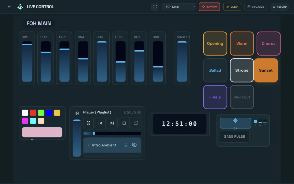 Live Control: channel faders, scene buttons, music player and clock on a custom mixer layout