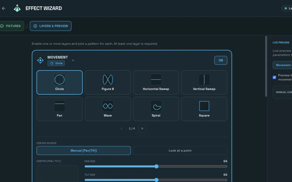 Effect Wizard: movement patterns such as circle, figure 8 and sweeps for moving heads