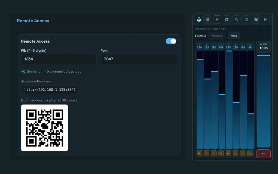 Remote Access settings with QR code and PIN, next to the fader screen of the phone remote