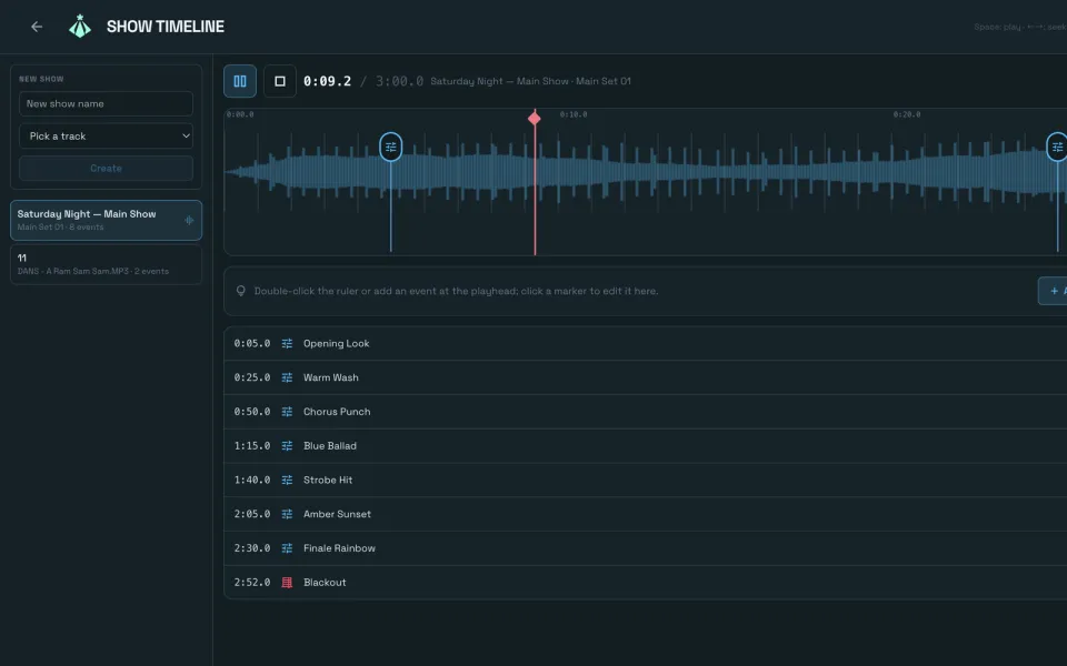 Show Timeline: cue events placed on a track's waveform
