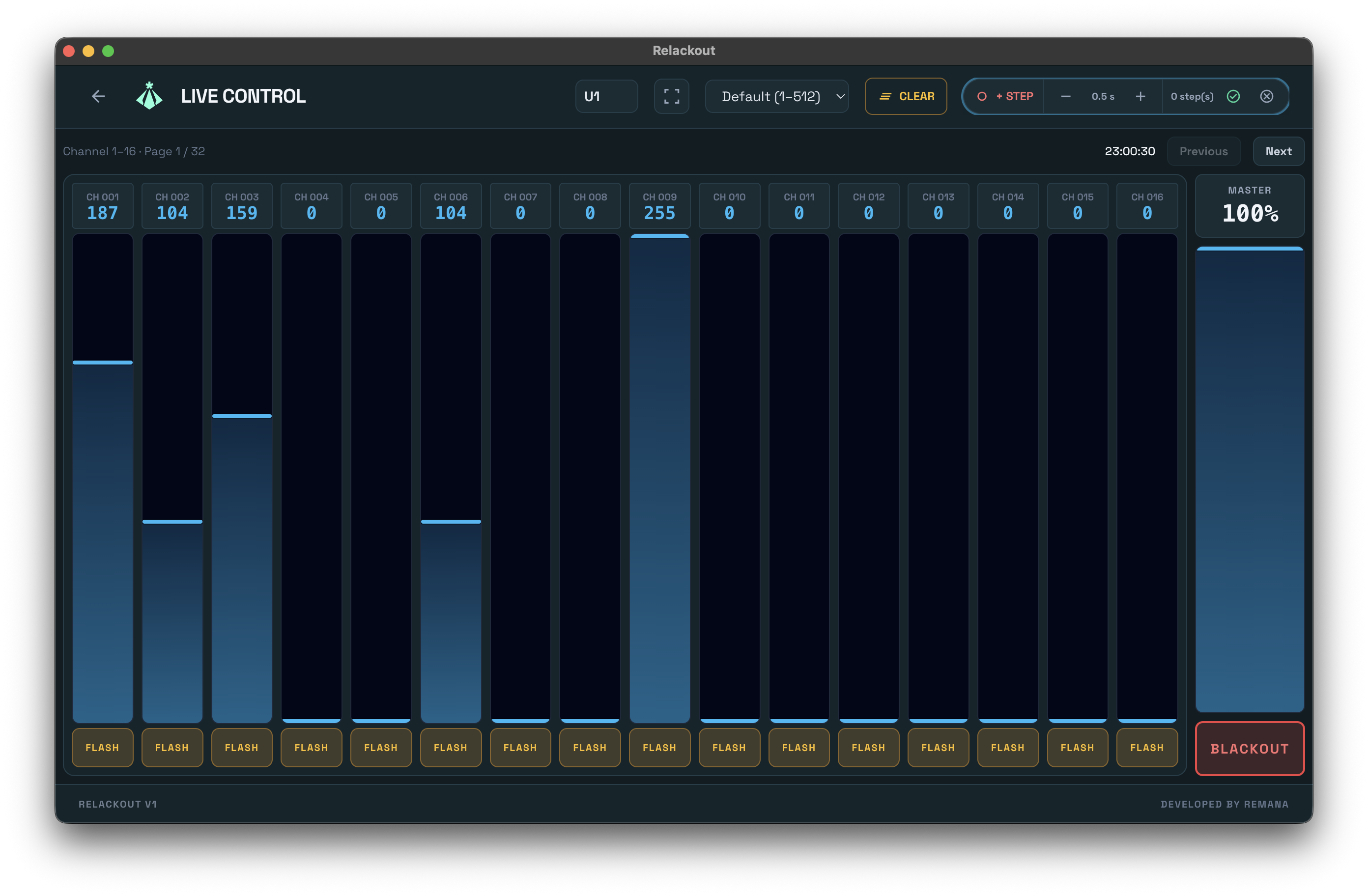Close up of live control faders in the Relackout UI with neon active states