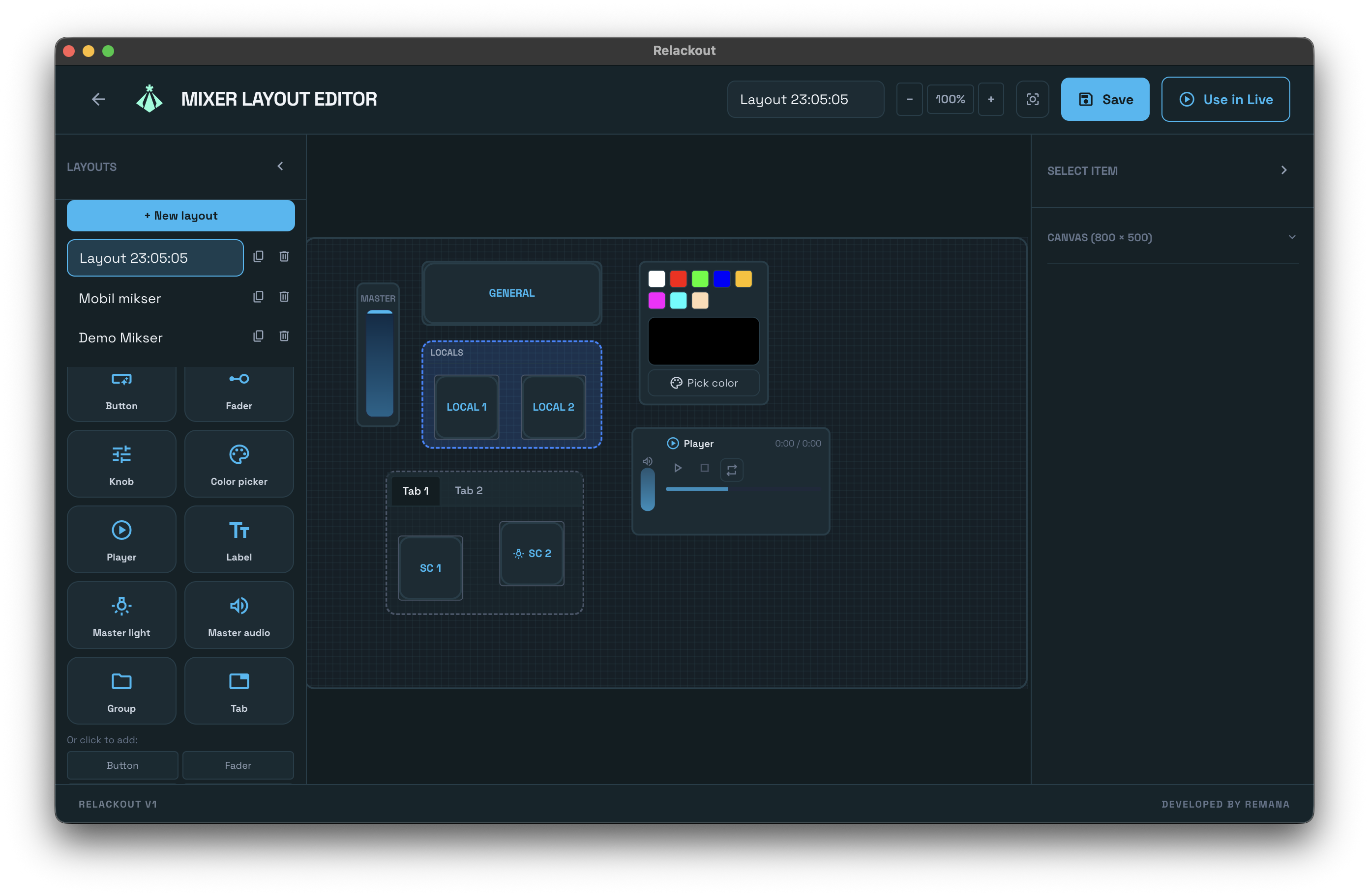 Mixer Designer custom layout with faders, buttons and cue list