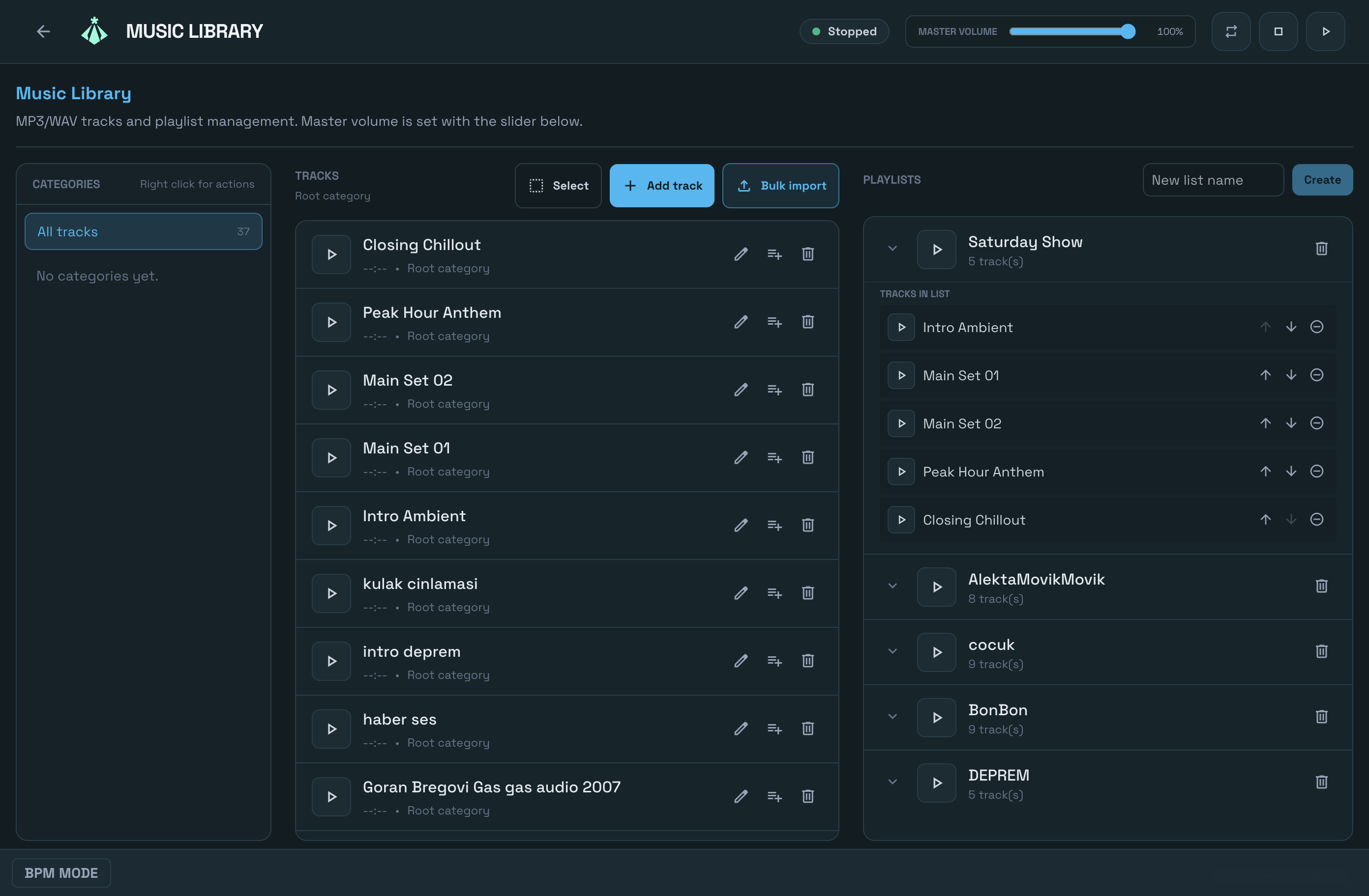 Musikbibliothek mit Tracks und Playlists