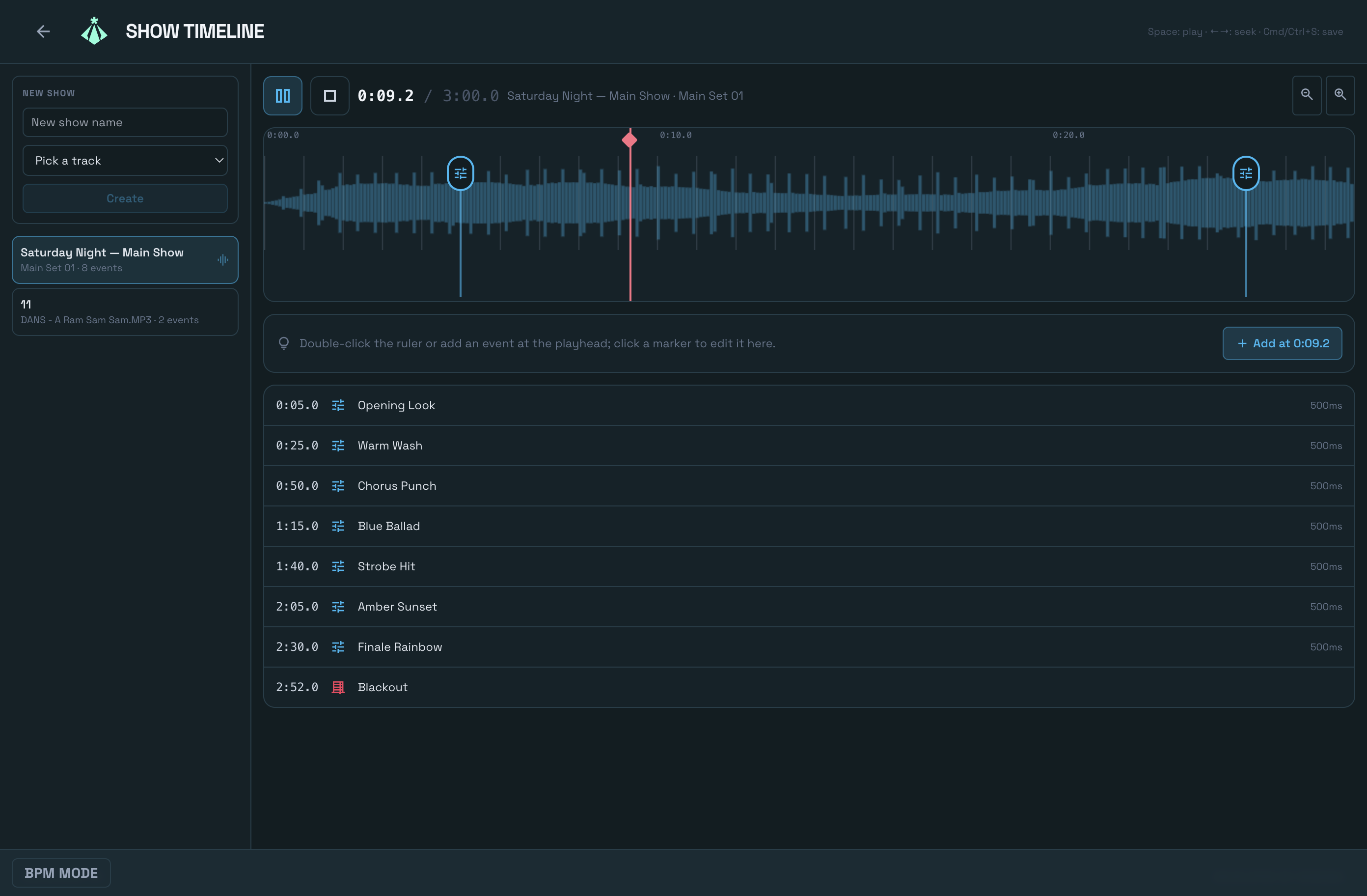 Relackout show timeline - audio and cues on one timeline