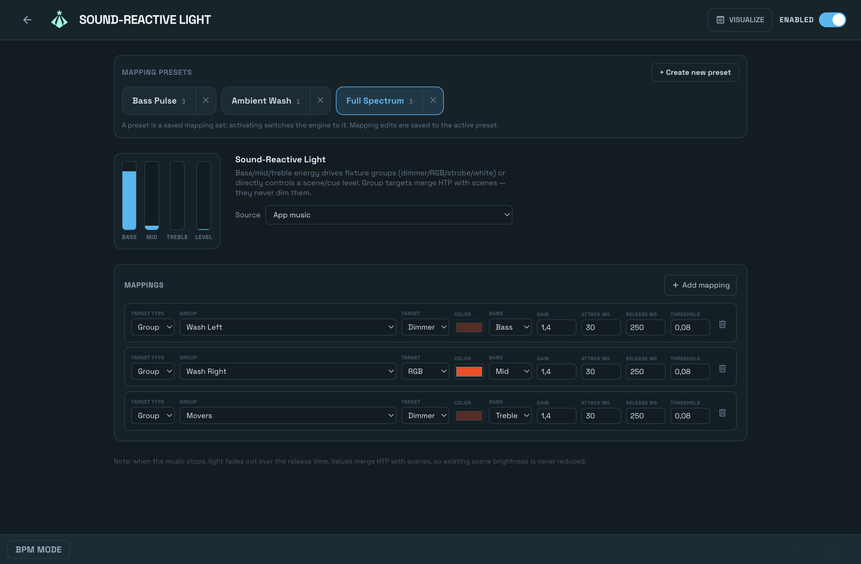 Bildschirm der audioreaktiven Zuordnung von Sound-to-Light