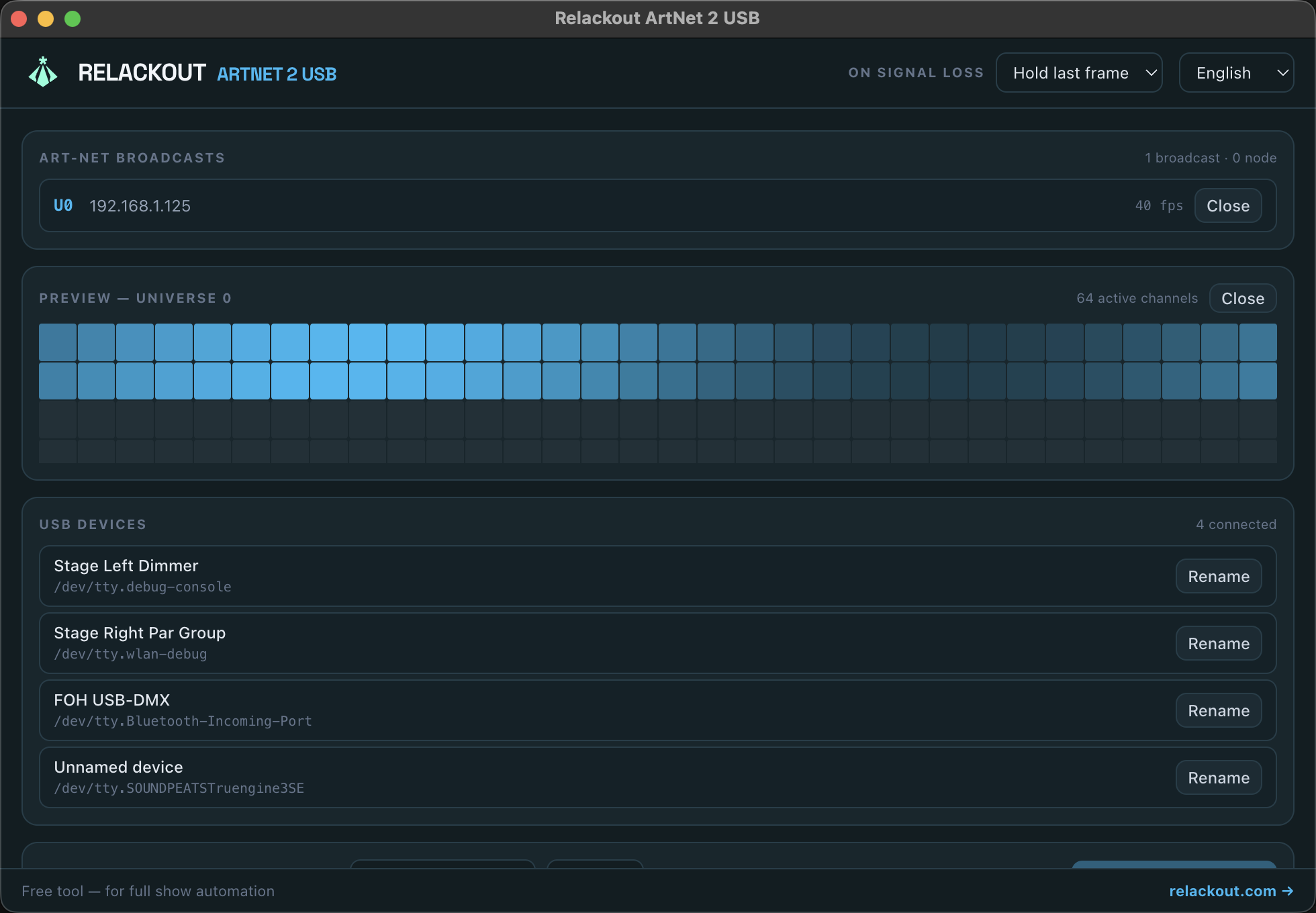 Live 512-channel DMX preview grid in Relackout ArtNet 2 USB