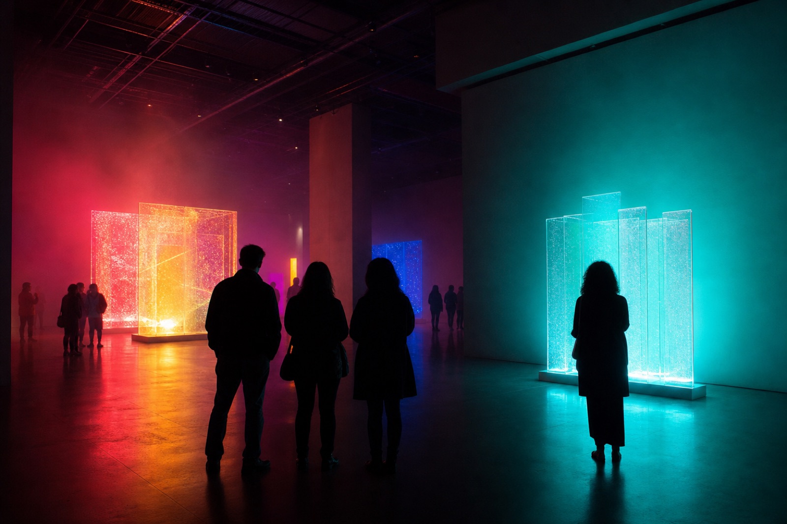 Visitatori in controluce davanti a installazioni luminose in una galleria buia