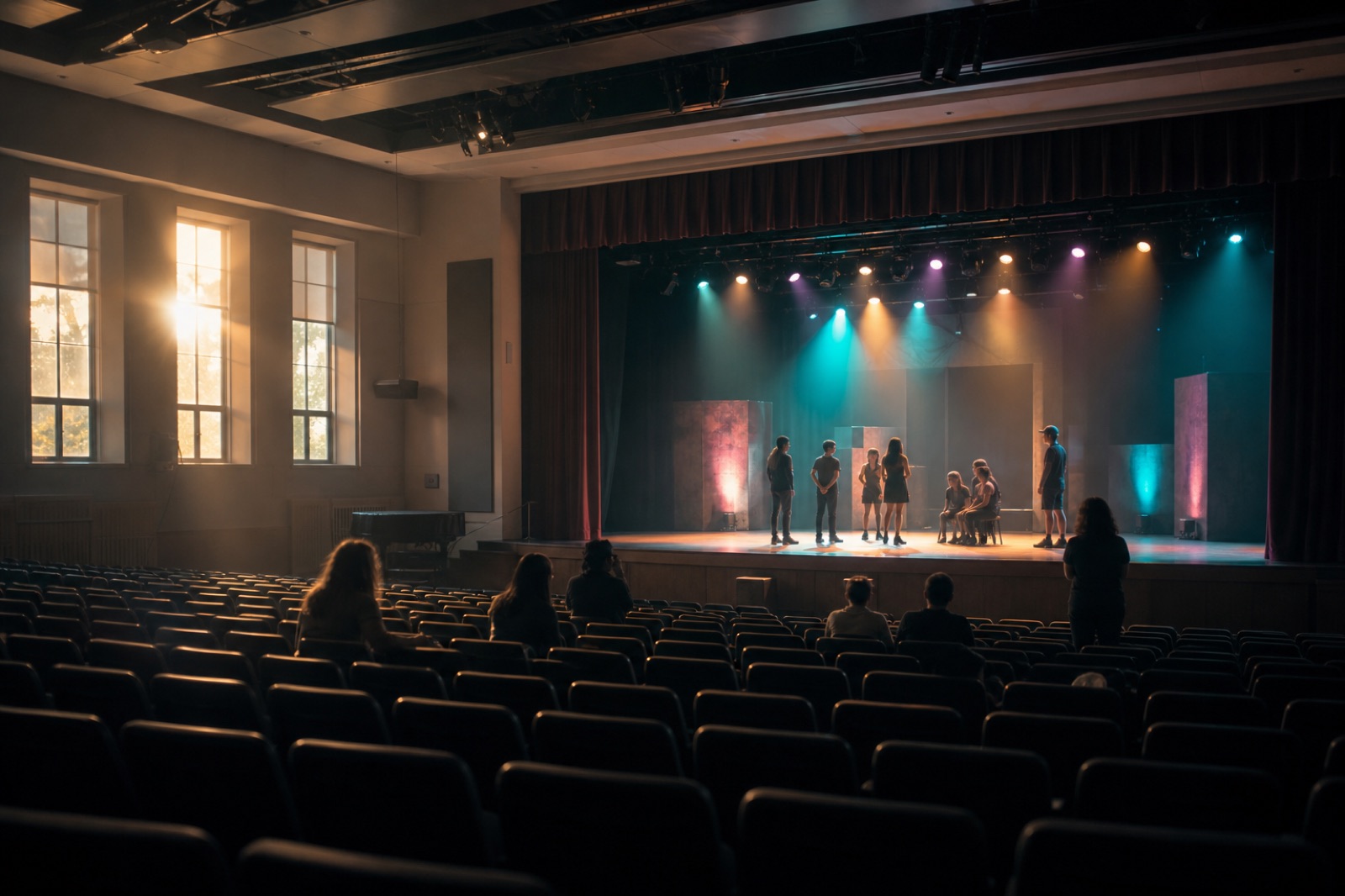 Prova in un auditorium scolastico con un allestimento scenico colorato e studenti che osservano