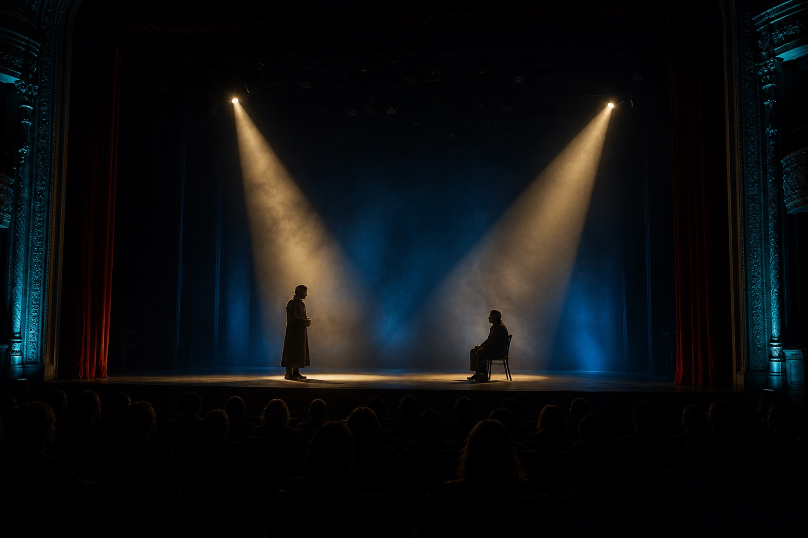 Palco teatrale con due attori in fari caldi precisi su un fondale blu