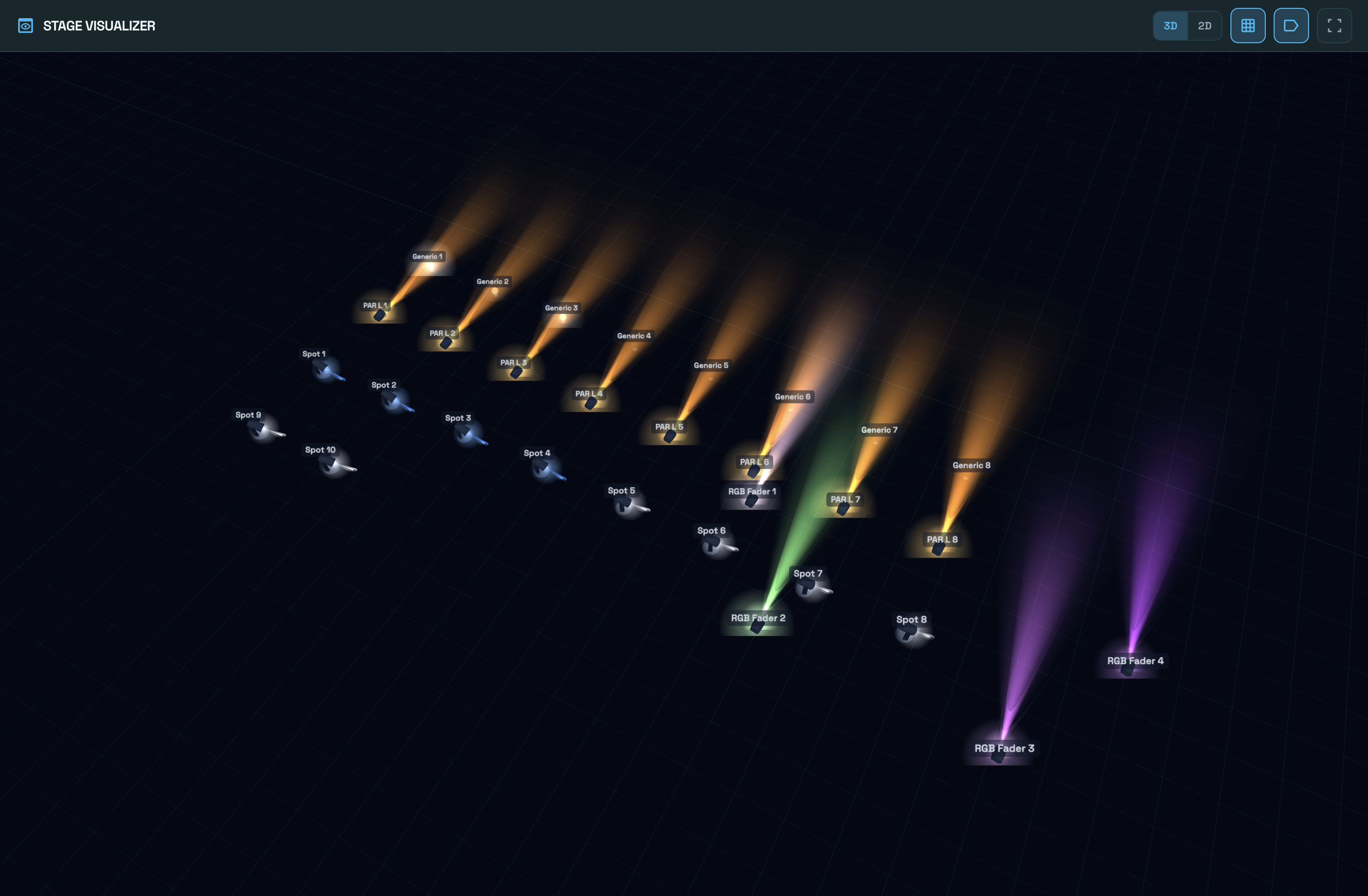 Relackout 3D stage visualizer rendering live DMX output